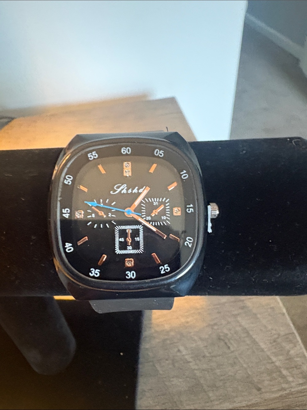 Men's Black Square Dial Wristwatch with Blue Accent Hands